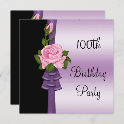 Elegant Pink Flower  Purple Ribbon 100th Birthday Invitation