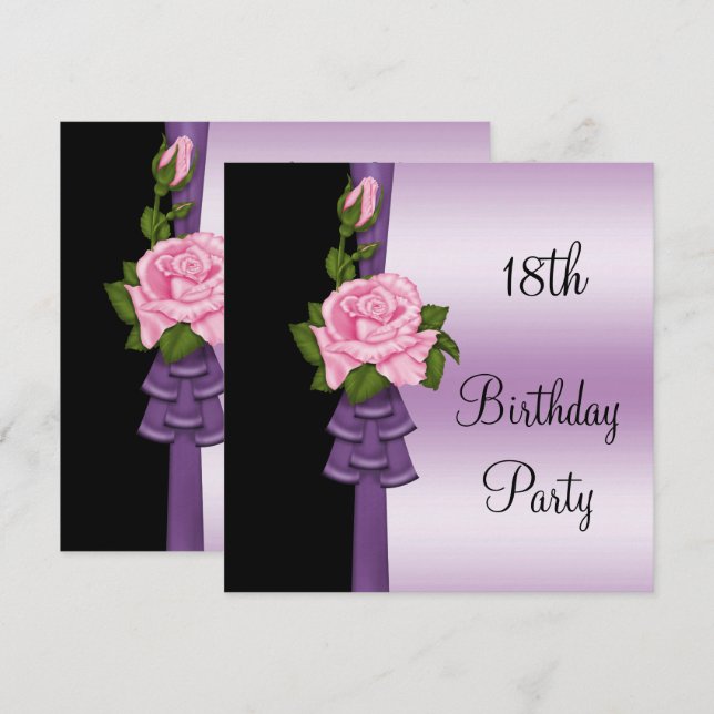 Elegant Pink Flower & Purple Ribbon 18th Birthday Invitation (Front/Back)