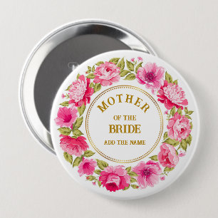 Elegant Pink Flower Wreath Mother of The Bride Button