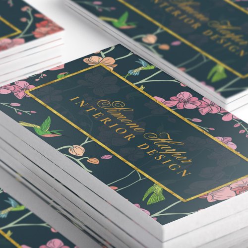 Elegant Pink Flowers and Birds on Dark Blue   Business Card