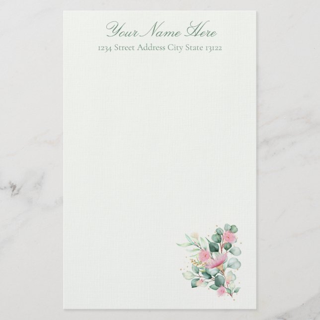 Elegant Pink Flowers and Eucalyptus  Stationery (Front)