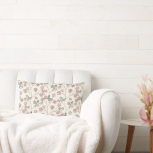 Elegant Pink Flowers and Green Birds Pattern Lumbar Pillow