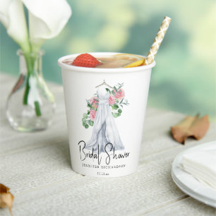 Elegant pink flowers and greenery - bridal shower paper cups