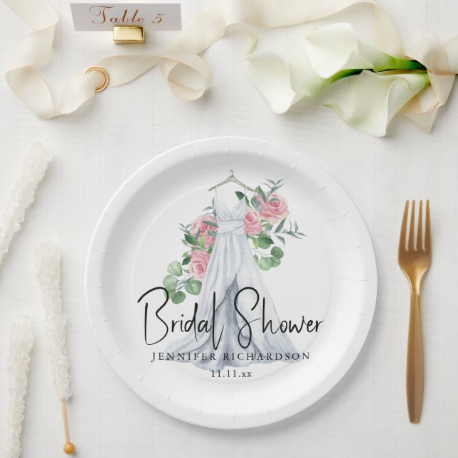 Elegant pink flowers and greenery - bridal shower  paper plates (Wedding)