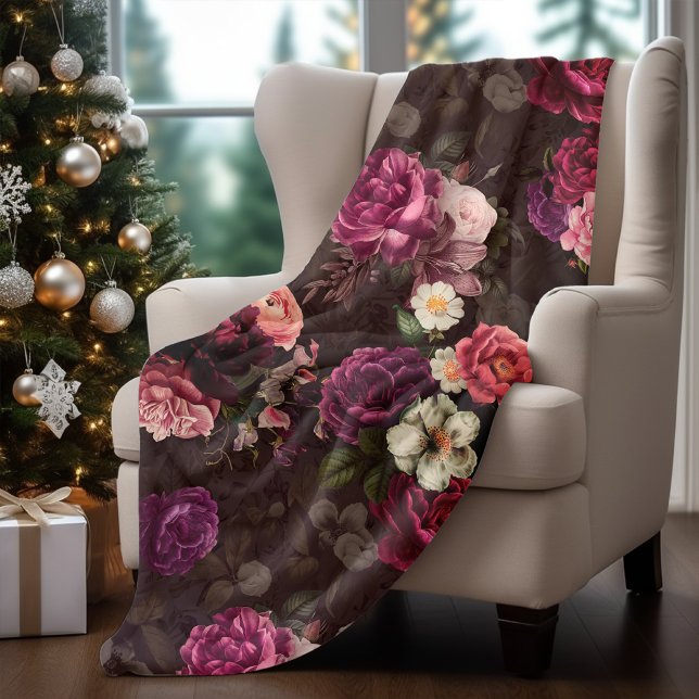 Elegant pink flowers and roses black floral fleece blanket (Creator Uploaded)