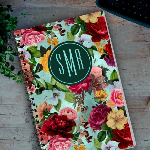 Elegant pink flowers aqua pattern monogram notebook
