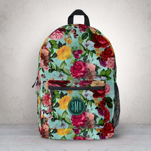 Elegant pink flowers aqua pattern monogram printed backpack (Creator Uploaded)