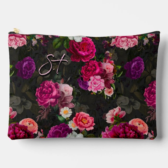 Elegant pink flowers black monogram  accessory pouch (Front)