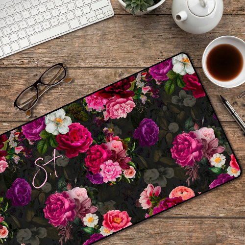 Elegant pink flowers black monogram  desk mat