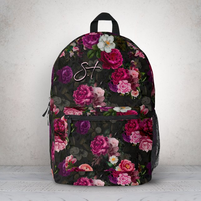 Elegant pink flowers black monogram  printed backpack (Creator Uploaded)
