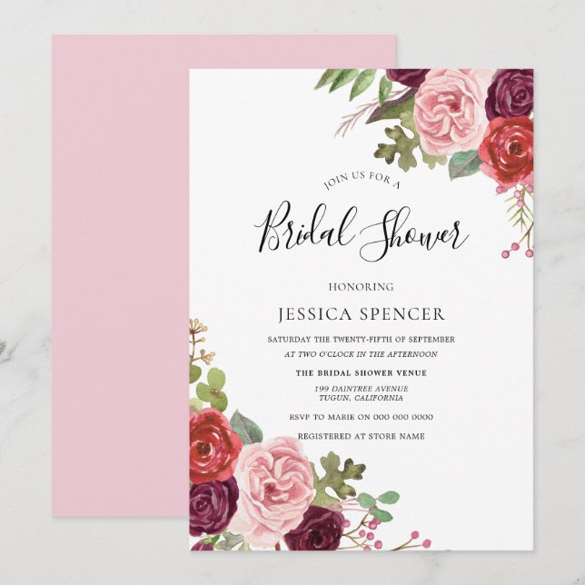 Elegant Pink Flowers Bridal Shower Invite (Front/Back)