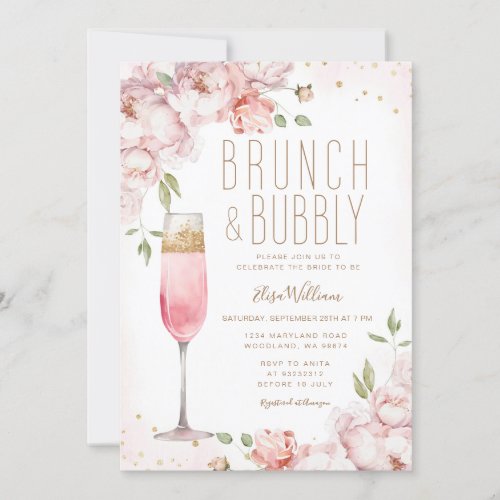 Elegant Pink Flowers Brunch  Bubbly Bridal Shower Invitation