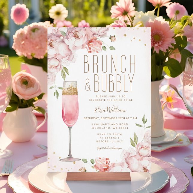 Elegant Pink Flowers Brunch & Bubbly Bridal Shower Invitation (Creator Uploaded)