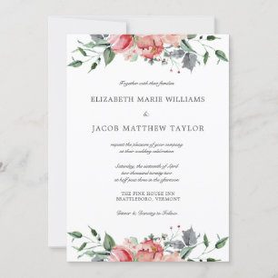 Elegant Pink Flowers & Calligraphy Wedding Invitation