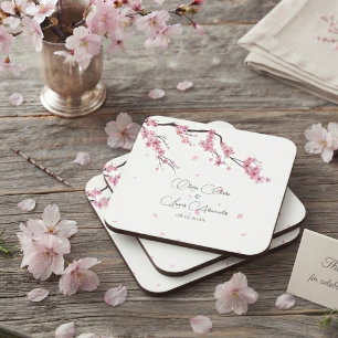 Elegant Pink flowers Cherry Blossom Watercolor Square Paper Coaster