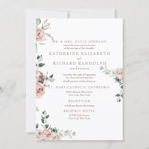 Elegant Pink Flowers Eucalyptus 2 Venue Wedding Invitation