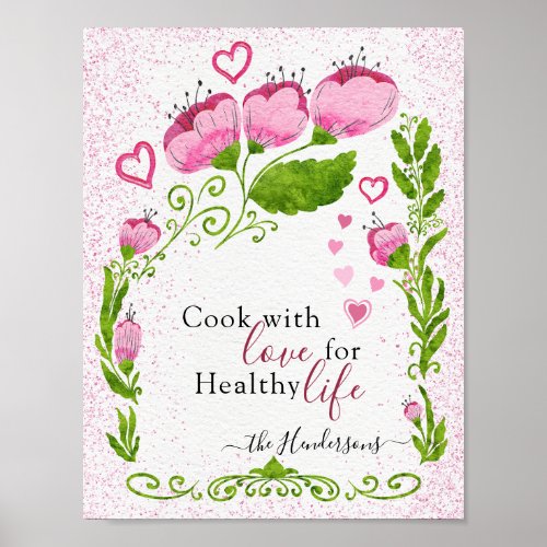 Elegant Pink Flowers Family Motivational Kitchen Poster