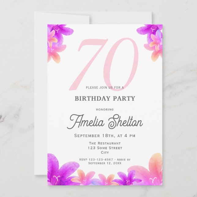 Elegant Pink Flowers Floral 70th Birthday Party Invitation (Front)