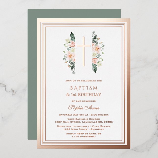 Elegant Pink Flowers Girl 1st Birthday Baptism Foil Invitation (Front/Back)