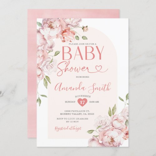 Elegant Pink Flowers Girl Baby Shower Greenery  Invitation
