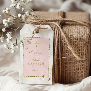 Elegant Pink Flowers Gold Baptism Gift Tags