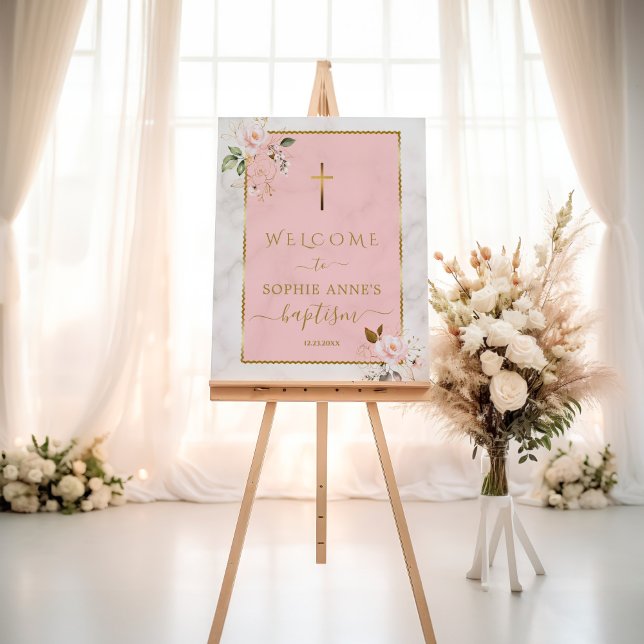 Elegant Pink Flowers Gold Baptism Welcome Sign (Creator Uploaded)