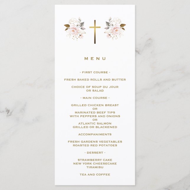 Elegant Pink Flowers Gold Cross Girl Baptism  Menu (Front)