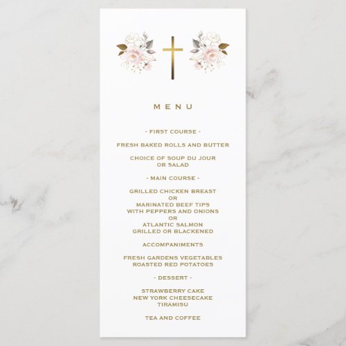 Elegant Pink Flowers Gold Cross Girl Baptism  Menu