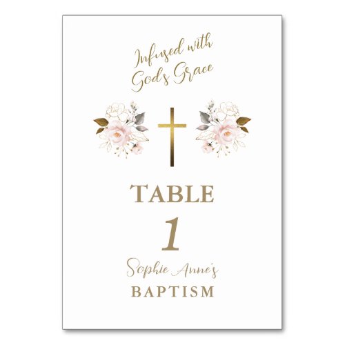 Elegant Pink Flowers Gold Cross Girl Baptism  Table Number