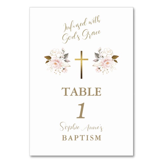 Elegant Pink Flowers Gold Cross Girl Baptism  Table Number (Front)