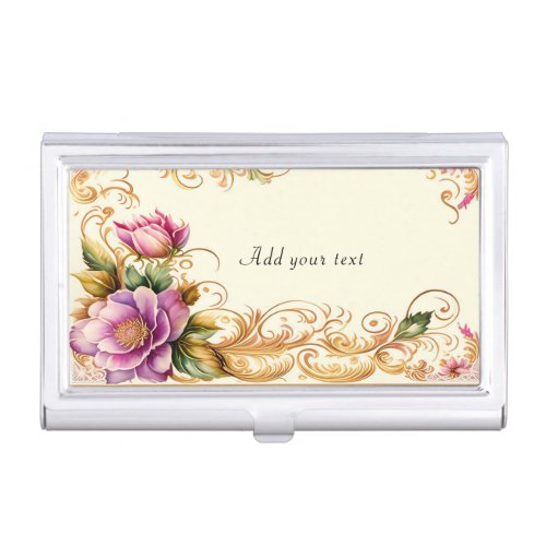 Elegant Pink Flowers Gold Filigree Business Card Case