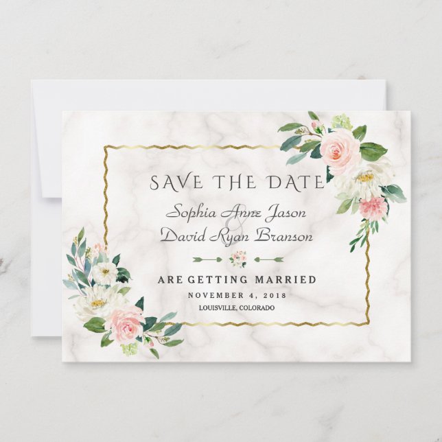 Elegant Pink Flowers Gold Frame Marble Wedding Save The Date (Front)