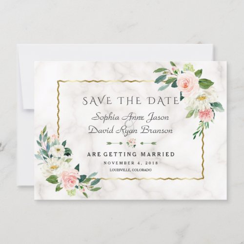 Elegant Pink Flowers Gold Frame Marble Wedding Save The Date