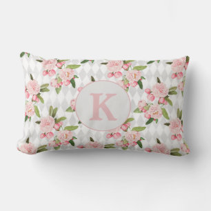 Elegant Pink Flowers Gray Harlequin Diamond Lumbar Pillow