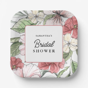 Elegant Pink Flowers Greenery Bridal Shower Paper Plates