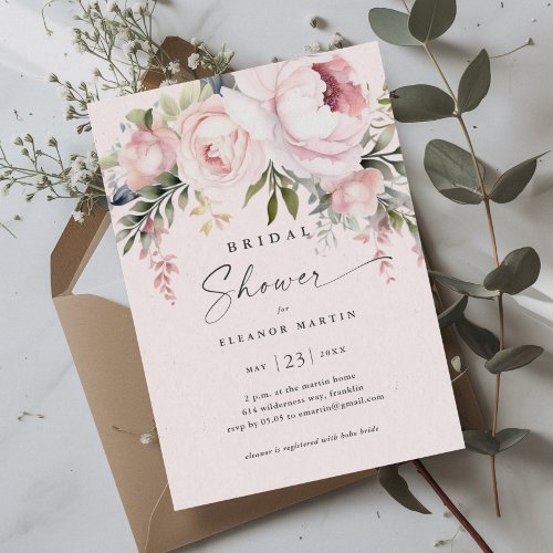 Elegant Pink Flowers Greenery Garden Bridal Shower Invitation