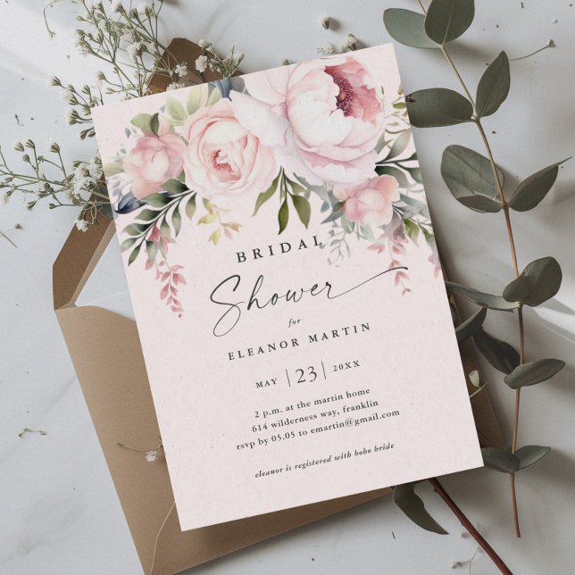 Elegant Pink Flowers Greenery Garden Bridal Shower Invitation (Elegant Pink Flowers Greenery Garden Bridal Shower Invitation)