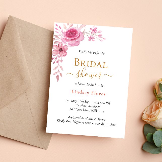 Elegant Pink Flowers Greenery Gold Bridal Shower Invitation (Creator Uploaded)