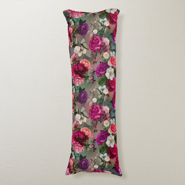 Elegant pink flowers grey  body pillow (Front Vertical)