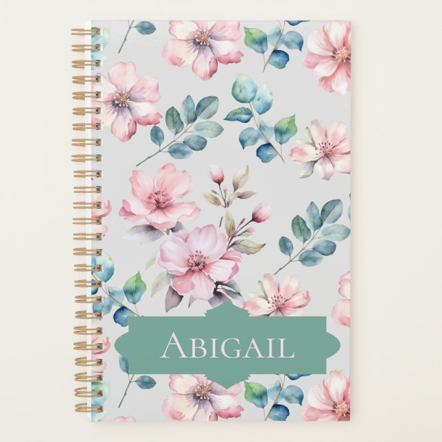 Elegant Pink Flowers Light Gray Planner (Front)