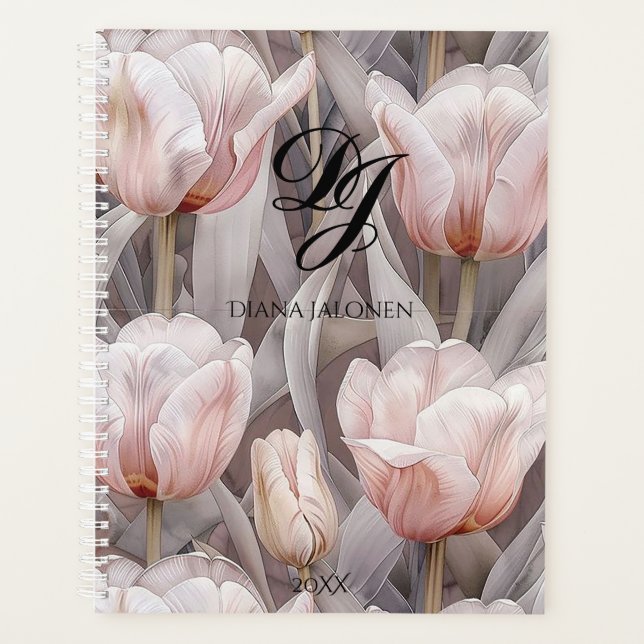 Elegant Pink Flowers Monogram Personalised Name Planner (Front)
