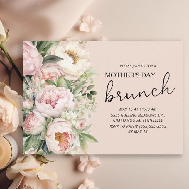 Elegant Pink Flowers Mother's Day Brunch Invitation (Pink peonies Mother's Day Brunch invitation)