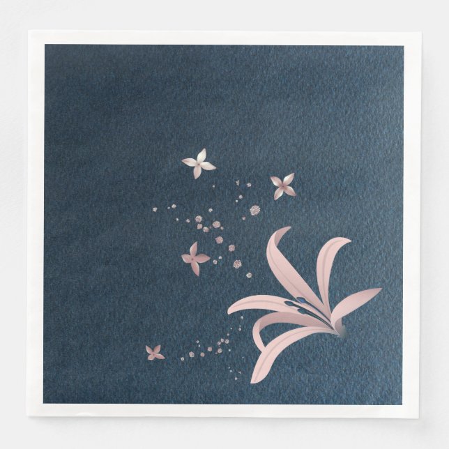 Elegant  pink flowers navy paper dinner napkins (Front)