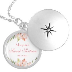 Elegant Pink Flowers Personalized Sweet 16 Locket Necklace
