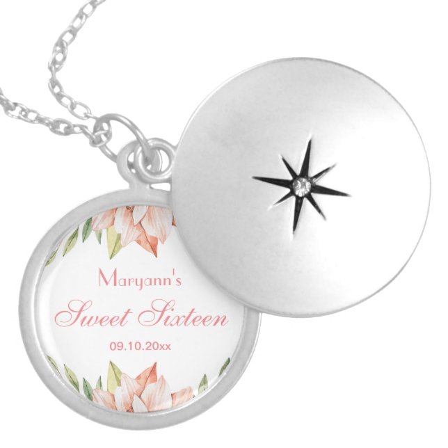 Elegant Pink Flowers Personalized Sweet 16 Locket Necklace (Front)