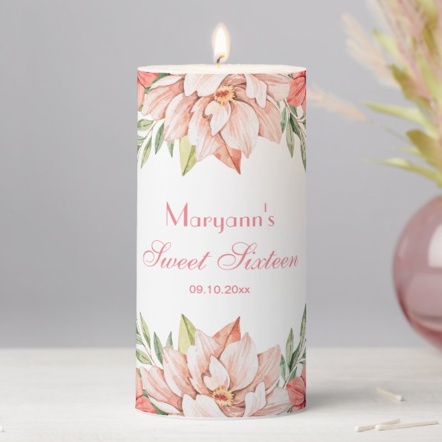 Elegant Pink Flowers Personalized Sweet 16 Pillar Candle (In Situ)