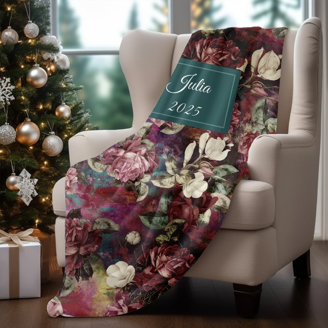 Elegant pink flowers red pattern monogram fleece blanket (Creator Uploaded)