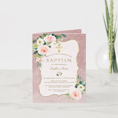 Elegant Pink Flowers Rose Gold Glitter Baptism Holiday Card
