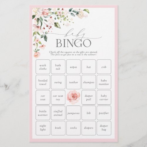 Elegant Pink Flowers Spring Baby Shower Bingo Game