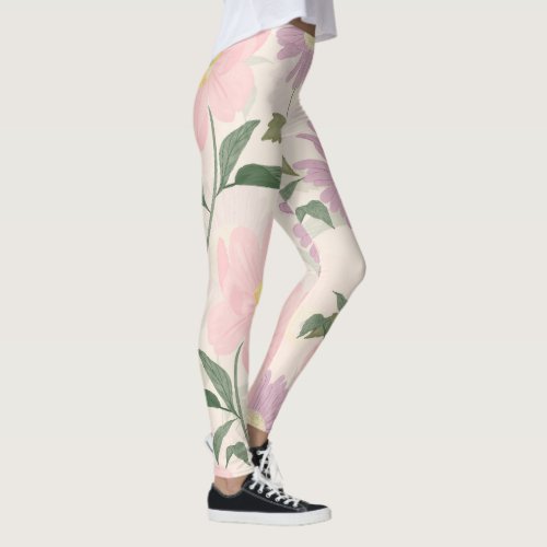 Elegant Pink Flowers Watercolor Boho Floral Leggings